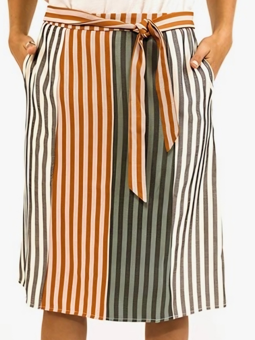 Roolee Striped Tie-Waist Midi Skirt in Rust, Olive & Cream - Size L/XL